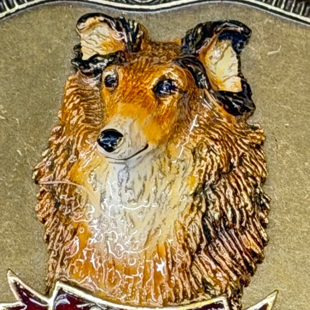 Vtg 1978 AHM Collie Dog Brass Belt Buckle‎ Enamel 3D Relief Animal Collectible
